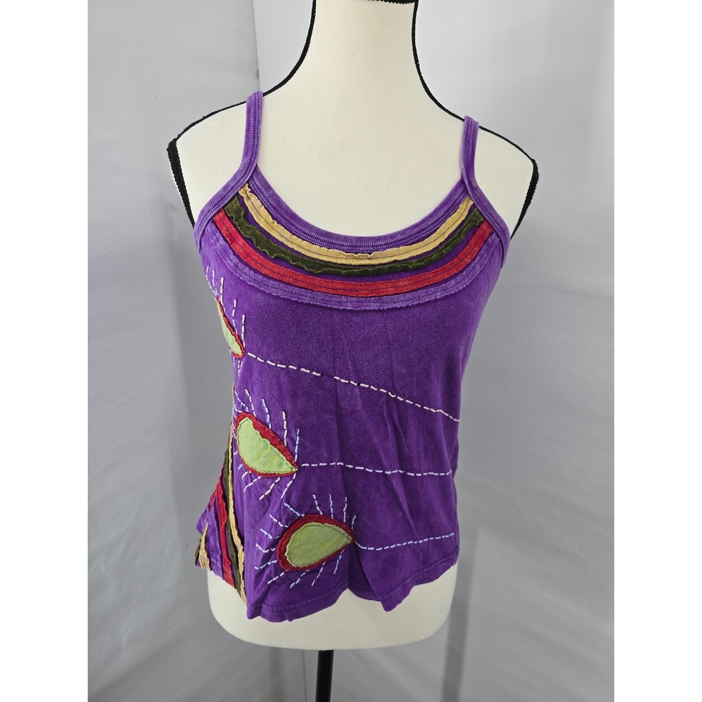 Karma Purple Boho Applique Hand Stitched Cami Tank Top Small Womens Festival